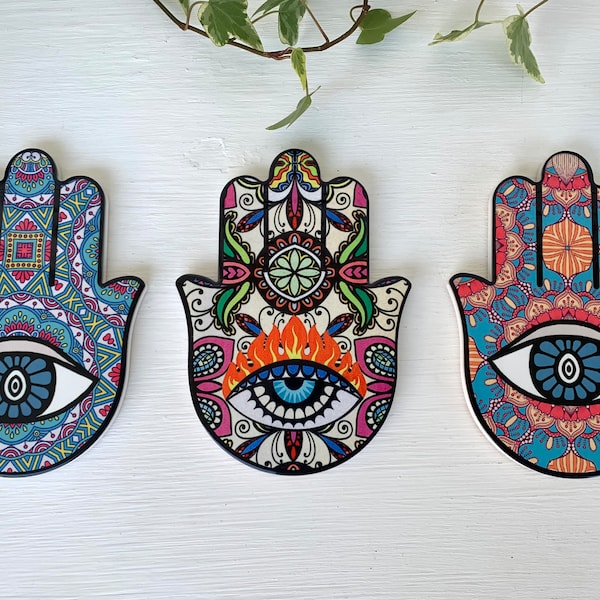 Dessous de verre en céramique main de Fatima Hamsa / il qui voit tout / Carrelage décoratif / Outils d'autel / Décoration de méditation / Sous-verre de tasse / Boho