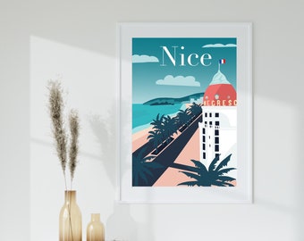 Affiche illustration ville Nice, Negresco promenade des anglais.