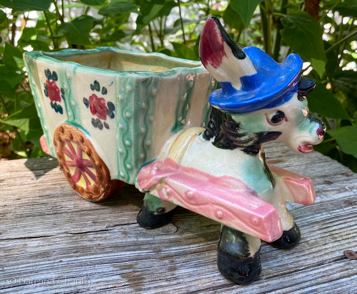Vintage Donkey Planter With Cart Etsy