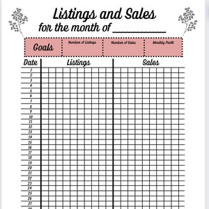May include: A printable monthly planner for tracking listings and sales. The planner has a pink and white color scheme with black text and lines. The planner is divided into three sections: Goals, Listings, and Sales. Each section has a column for the date, number of listings, number of sales, and monthly profit. The planner also includes a section for End of Month Achievements.