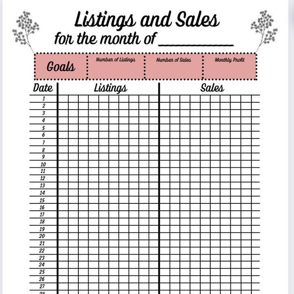 Listing and Sales Monthly Habit Tracker Printable Goals Online Selling Poshmark Mercari Ebay Etsy Pink Floral Planner