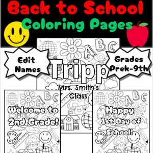 May include: Black and white colouring pages with a back to school theme. The pages feature a smiling sun, a schoolhouse, an apple, and the letters ABC. The text "Welcome to 2nd Grade!" and "Happy 1st Day of School!" are included. The pages are designed for grades PreK-9th.