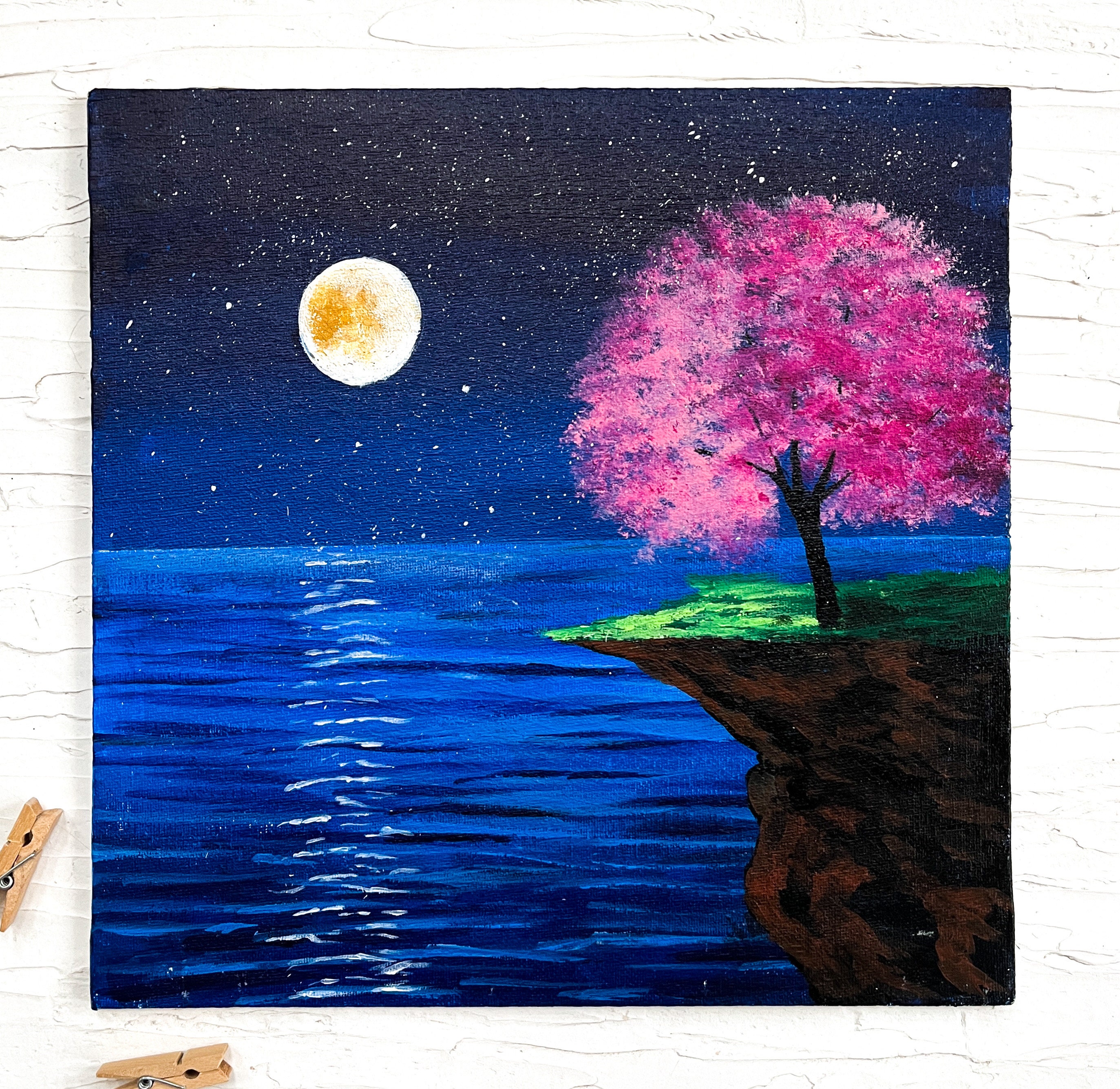 Small 4x4 Original Painting on Canvas, Art for Small Spaces, Acrylic  Painting, Whimsical Landscape, Moon and Stars Painting 