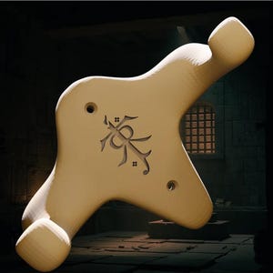 May include: A light beige, bone-shaped object with a carved design and two holes. The object has rounded edges and a textured surface. The carved design is an ornate symbol. The background is a dark, stone-walled room with a window.