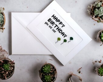 Divertida tarjeta de cumpleaños bordada / Globos de punto de cruz