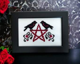 Pieza de bordado Witchy / Negro, rosa, rojo / Pentagrama y pájaros