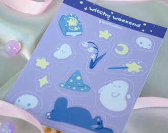 Witch Vinyl Waterproof Sticker Sheet - Cute Cat Ghost Star Skull Sparkle Witchcraft Magical Magic Mothers Day Gift Easter Spring Gift