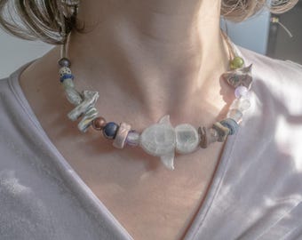 Handmade Charging Cable Type-C USB Necklace with Semiconductor Stones and Porcelain Beads