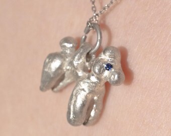 Handmade Silver Heterochromatic Eye Dog Pendant with Sapphire and Ruby