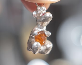 Handmade Silver Rat Pendant with Orange Kyanite and Ruby