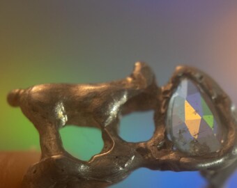 Handmade Silver Bear Ring with Light Blue Tourmaline Stone
