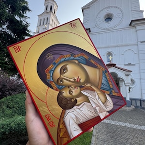 Icône Theotokos faite main : Vierge Marie en or doré, bois de tilleul