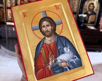 Handgemalte Ikone „Christus, der Gute Hirte“.