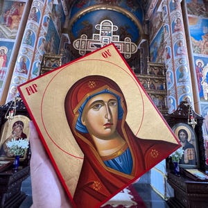 Icône Theotokos faite main : Vierge Marie en or doré sur bois de tilleul