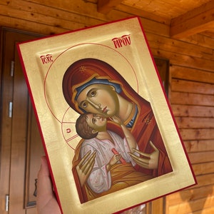 Icône Theotokos faite main : Vierge Marie en or doré, bois de tilleul