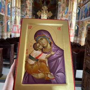Hand-Painted Virgin Mary Icon: Byzantine Religious Art with 24k Gold
