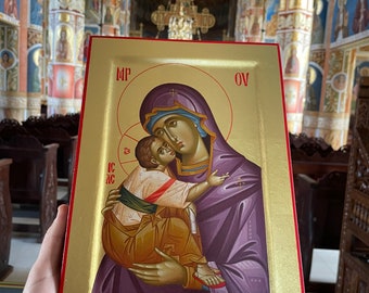 Hand-Painted Virgin Mary Icon: Byzantine Religious Art with 24k Gold