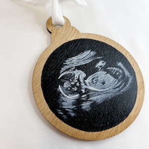 Oak veneer hand painted glitter baby scan  Christmas baubles with frayed ribbon