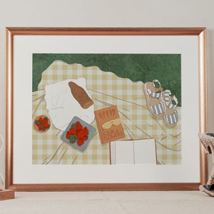Summer Picnic Art Print, Hand Drawn Picnic Illustration, Beach Coastline Picnic Wall Decor | Digital Art Print