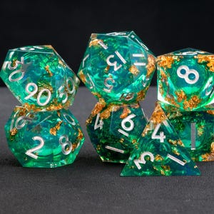 Liquid Core Dice DND Dice Set Critical Role DND Gift D6 D20 Green Gold Leaf