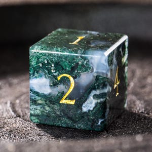 Pu&ograve; includere: Un dado a sei facce con aspetto di agata muschiata. Il dado presenta un mix di colori verdi e bianchi con numeri color oro. Il numero 2 &egrave; ben visibile su un lato, con i numeri 1 e 4 visibili.