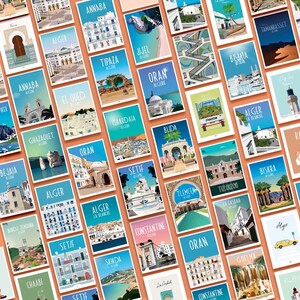 May include: A collection of colorful illustrated postcards featuring various cities in Algeria. Each postcard depicts a unique landmark or architectural feature of the city, with the city name and "Algerie" written below.