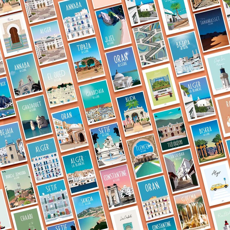May include: A collection of colorful illustrated postcards featuring various cities in Algeria. Each postcard depicts a unique landmark or architectural feature of the city, with the city name and "Algerie" written below.