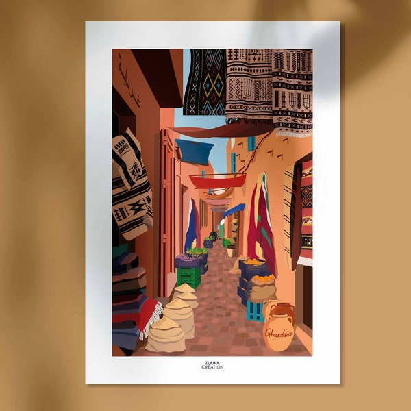 Affiche Algérie Ghardaia, affiche minimaliste souk, Home decor, Wall Art Algerie