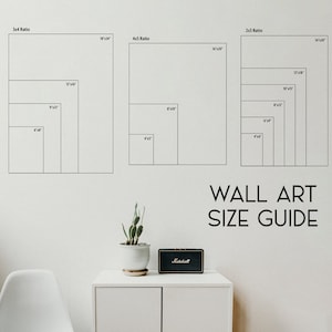 May include: A wall art size guide with three different aspect ratios: 3:4, 4:5, and 2:3. The guide shows the dimensions of various sizes in inches, ranging from 4x5 to 16x20.