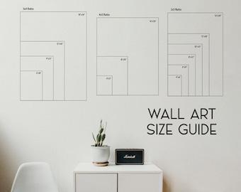 Könnte beinhalten: Ein Wandkunst-Größenleitfaden mit drei verschiedenen Seitenverhältnissen: 3:4, 4:5 und 2:3. Der Leitfaden zeigt die Abmessungen verschiedener Größen in Zoll, von 4x5 bis 16x20.