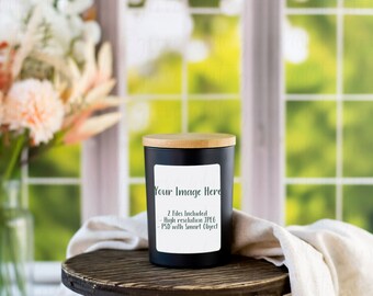 9 Ounce Black Candle Jar with Bamboo Lid Mockup | Photoshop Smart Object | Styled Stock Photography | Digital Download | Spring