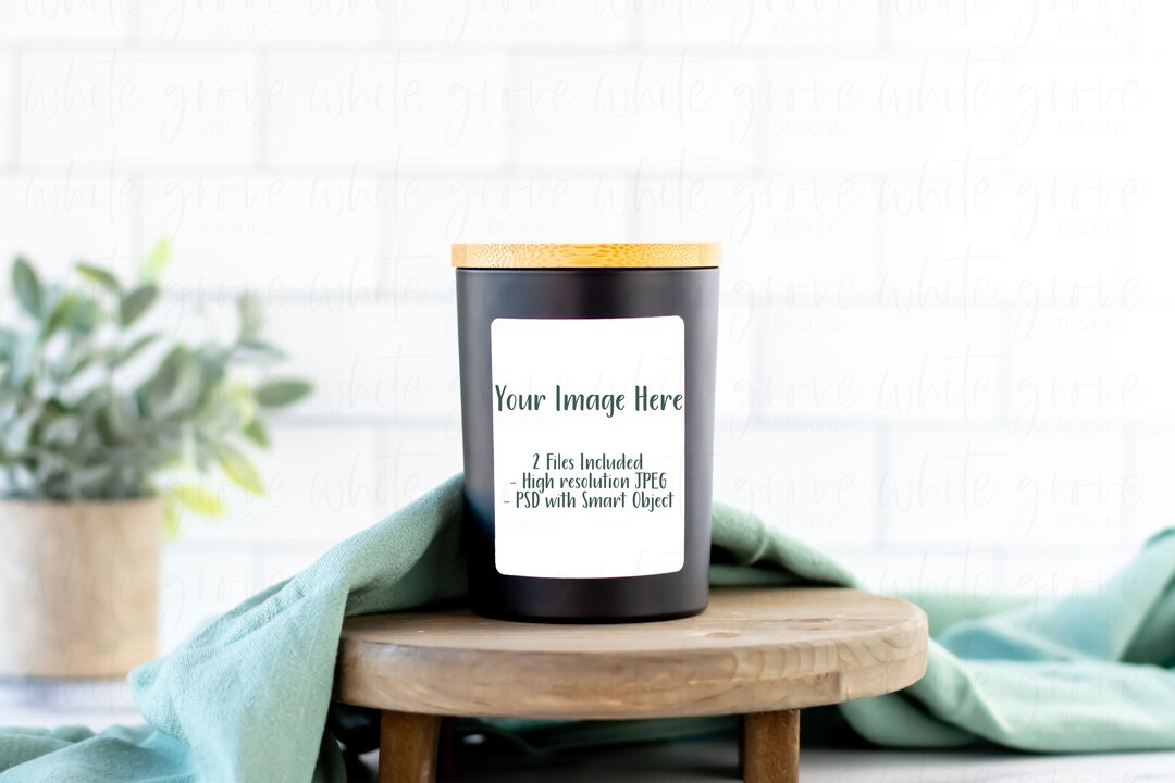 9 Ounce Black Candle Jar With Bamboo Lid Mockup Etsy
