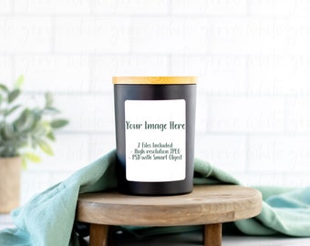 9 Ounce Black Candle Jar with Bamboo Lid Mockup | Photoshop Smart Object Mockup | Styled Stock Photography | Digital Download | JPEG