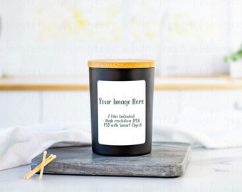 9 Ounce Black Candle Jar with Bamboo Lid Mockup | Photoshop Smart Object Mockup | Styled Stock Photography | Digital Download | JPEG