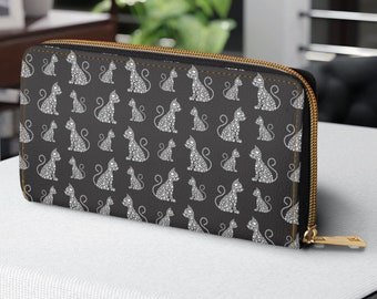 Elegant White Boho Cat with Heart Pattern Zipper Wallet, Gift for Cat Lover, Cat Mom Gift, Gift for Her, Cat Present, Cat Wallet