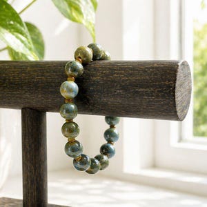 Handmade Ceramic Beaded Bracelet With Lobster Clasp Earthy Blue & Green Glaze 8-Inch Unique Jewelry