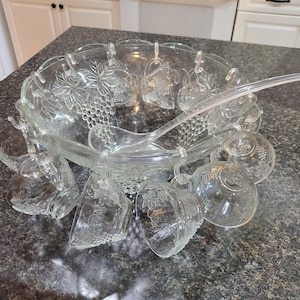 VTG Anchor Hocking Punch Bowl Set Grape Glass Cups Hooks Ladle MCM Party Hostess Bridal Shower Wedding Barware Entertaining inc Original Box