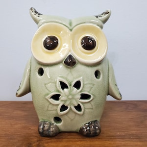 Whimsical Ceramic Owl Figurine Rustic Green Glazed Hollow Accent Cutouts Woodland Cottagecore Animal Statue Farmhouse Shelf Decor