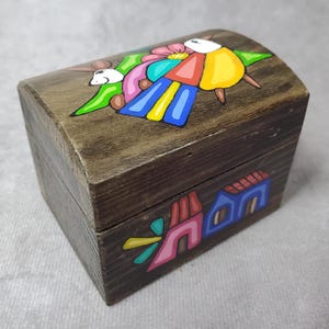 Hand Painted Folk Art Box with Birds | Rustic Cottage Trinket Chest with Leather Hinges | Whimsical Woodland Keepsake Decor