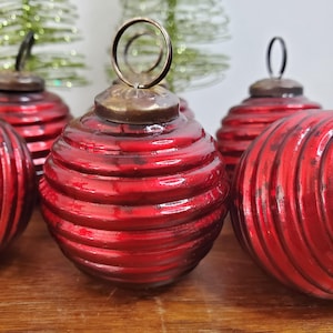 Vintage Red Ribbed Glass Christmas Ornaments Set of 6 Mercury Glass Look 2 Inch Balls Antique Style Holiday Tree Decorations