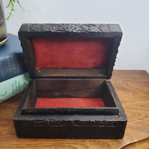 Vintage Hand Carved Wood Trinket Box Red Felt Lined Floral Jewelry Box Rustic Folk Art Boho Decor Cottagecore Gift Small Keepsake Box