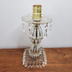 VTG Glass Table Lamp Base with Dangling Crystal Prisms Works Cottagecore Art Deco Style Lighting Bedroom or Entryway Decor 9” Tall