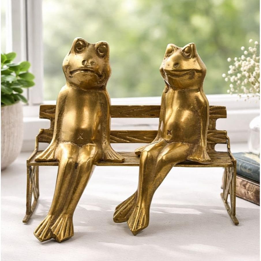 Vintage Brass Frog Couple Bench Figurine Rustic Garden Shelf Decor