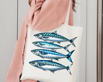 Sardines Art Print Canvas Beach Tote Bag Tinned Fish Aesthetic Nautical Style Sardinecore Print Vintage Coastal Seafaring Vacation Accessory