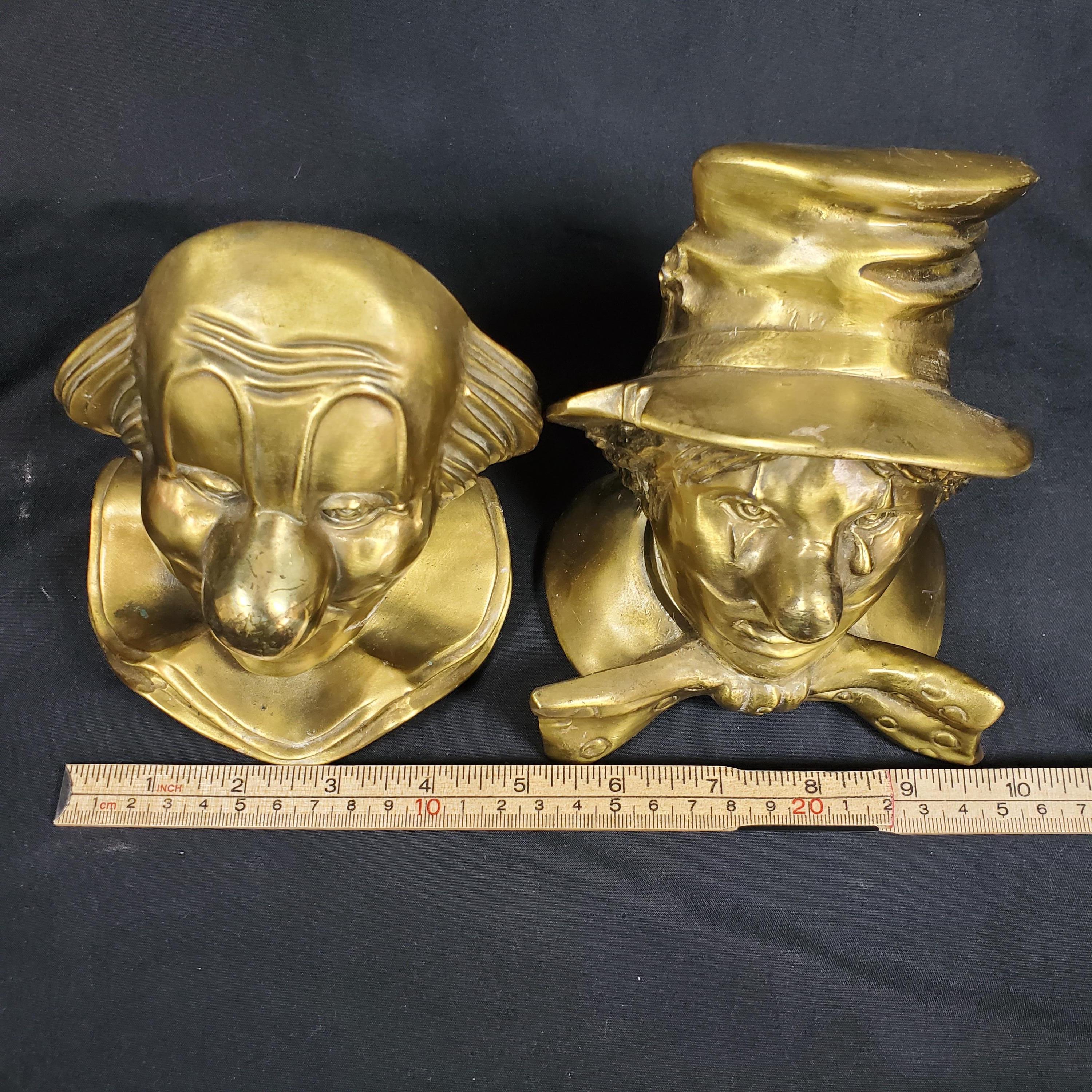 VTG PM Craftsman Clown Bookends Set Happy & Sad Brass Tone Cast