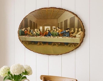VTG Last Supper Wall Art on Wood Slice Religious Christian Home Decor Rustic Jesus Apostles Plaque Farmhouse Primitive Cabin Faith Gift