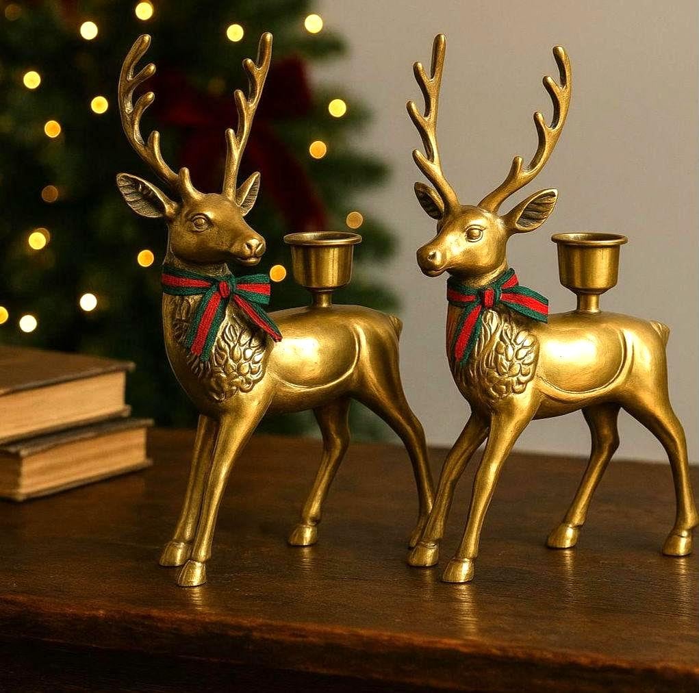 ヴィンテージ真鍮トナカイキャンドルホルダー：ミッドセンチュリーの