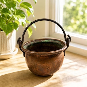 Op de afbeelding: Een kleine, antieke koperen ketel met een donkere, smeedijzeren handgreep. De pot heeft een afgeronde vorm en een lichtgroene patina rond de rand. Hij staat op een houten oppervlak bij een raam, met een kamerplant op de achtergrond.