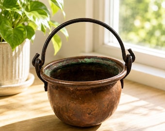 Antique Hand-Hammered Copper Cauldron With Iron Handle Rustic Patina 6” Height Unique Décor Piece