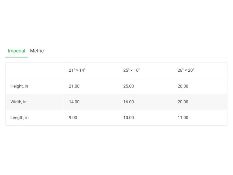 May include: A table showing the dimensions of three different sizes of a product. The table is labeled "Imperial" and "Metric". The dimensions are listed in inches. The first size is 21 inches by 14 inches, the second size is 25 inches by 16 inches, and the third size is 28 inches by 20 inches.